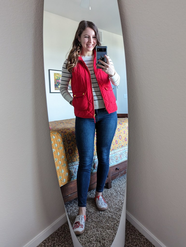 \"red-quilted-vest-striped-sweater-skinny-jeans-UIN-footwear\"